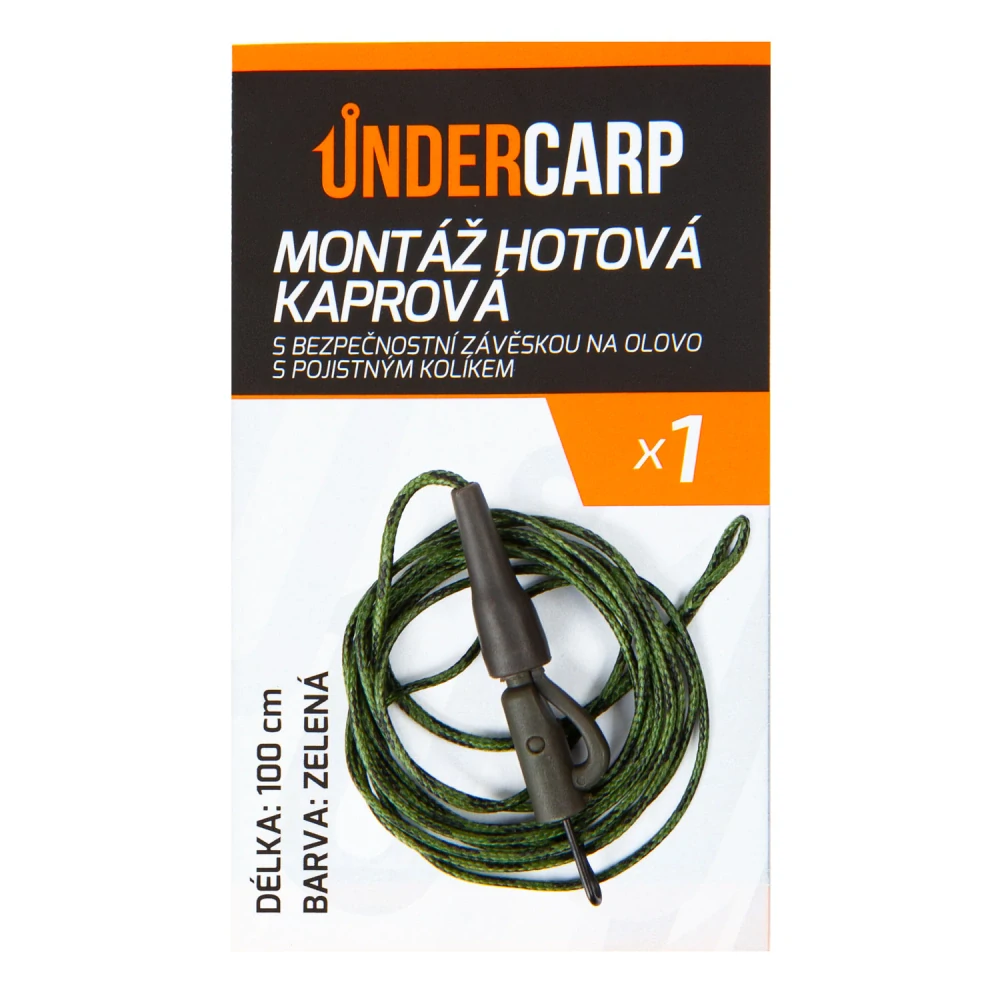 Hotová kaprová montáž s bezpečnostní závěskou a pojistným kolíkem – hnědá / zelená